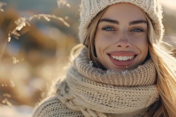 In a picturesque winter setting, a young woman exudes joy and beauty in her cozy winter attire. She embodies the holiday spirit with a relaxed and happy demeanor, adding warmth to the snowy scene