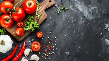 Wall Mural - Fresh vegetables and spices on a black background.