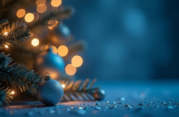 Blue defocused background and a christmas tree infront with yellow lights and bokeh, and blue christmas ornaments. Copy space on the right side.