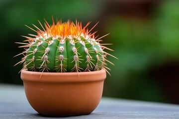 Wall Mural - A cactus is sitting in a small pot on a table. The cactus is green and has red spikes. The pot is brown and has a rustic look. Concept of simplicity and natural beauty