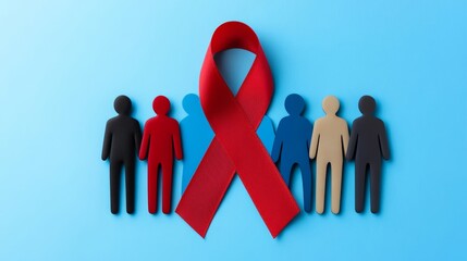 Red ribbon symbol for World AIDS Day surrounded by a diverse group of people holding hands in unity, with a bright blue sky background 