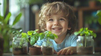 A happy little boy watches eagerly as green seedlings sprout in a jar, experiencing the wonder of nature and growth.