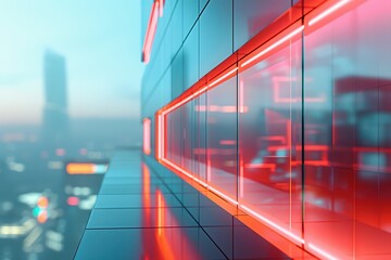 Futuristic architectural detail with glowing neon lights reflecting on glass surfaces, set against a blurred urban skyline.