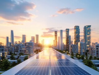 Poster - Solar Panels on Rooftop in Cityscape with Sunset.