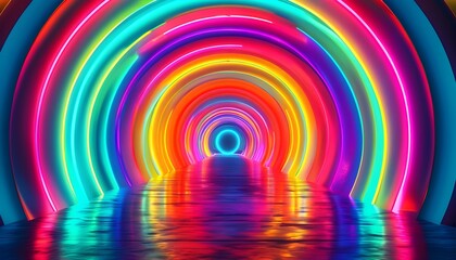 Wall Mural - Neon Reality Tunnel with Ultraviolet Lights and Esoteric Spectrum Reflections in a Fashion-Forward 3D Rendered Show Floor