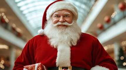 Wall Mural - Santa Claus with a sleigh full of colorful wrapped presents gliding through a shopping mall atrium surrounded by decorations 