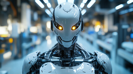 Aufkleber - Futuristic robot in a high-tech factory setting, demonstrating the progress of artificial intelligence and automation