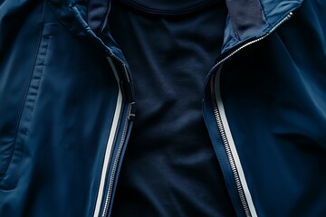 mens blue white windbreaker jacket,vintage heather navy t-shirt and dark blue sports shorts isolated on white background. 