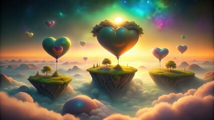 Wall Mural - Heart-shaped balloons and islands floating above clouds with a sunset