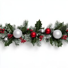 Poster - Snow-dusted Christmas garland with frosted holly leaves and silver baubles on a white background 