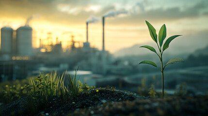 Poster - Tiny plant thrives in contaminated soil with a factory in the backdrop during sunset