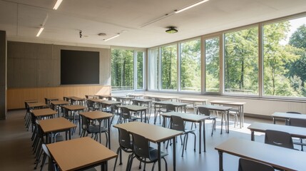 Wall Mural - Empty Classroom with Large Windows and Desks