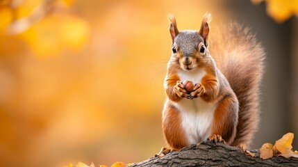 Wall Mural - Squirrel collecting acorns on a tree branch in an autumn park, with colorful leaves and a soft background 