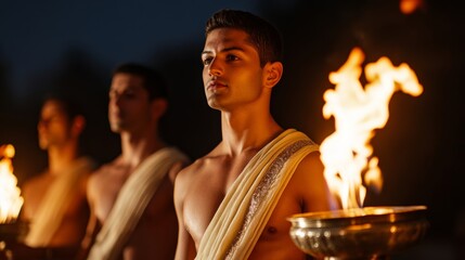 Wall Mural - Temple priests carrying large silver aartis with flames dancing, performing evening rituals for the Festival of Lights 