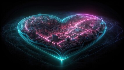 Wall Mural - A Cityscape Shaped as a Heart with Glowing Neon Lines