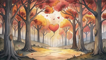 Wall Mural - Heart Shaped Balloon Floating in Autumn Forest