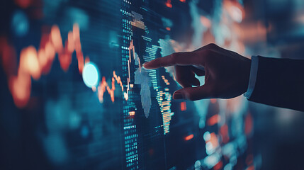 Leinwandbilder - Businessman interacts with a digital world map on a large interactive screen featuring financial data and graphs