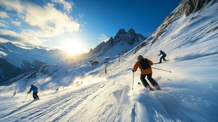 Skiers Downhill Snowy Mountain Sunset