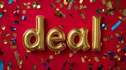 Sticker - Word deal in bold gold letters on a festive red background with confetti and streamers 