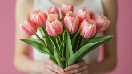 Wall Mural - A beautiful bouquet of pink tulips held by a person against a soft pink background