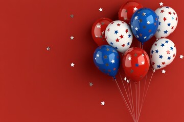 Colorful balloons with stars floating against a red background for festive celebrations