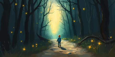 Alone Little boy goes on a trip in magic forest landscape digital art illustration.