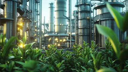 Aufkleber - Ecological concerns represented by green plants growing near an industrial refinery