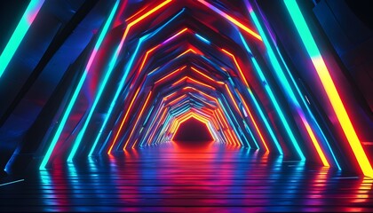 Wall Mural - Neon Glowing Geometric Tunnel in a Dark Room with Abstract 3D Visualization