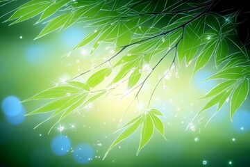 A vibrant artwork featuring green leaves with sparkles on a bright, glowing background, perfect for nature-themed projects.