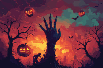 cemetery on halloween night with evil pumpkins, bats and in the background a haunted castle and the full moon. Halloween Banner illustration