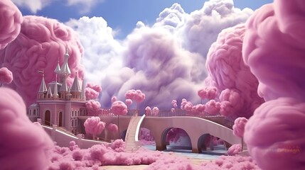 Wall Mural - A whimsical castle surrounded by fluffy pink clouds and a serene bridge.