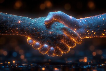 Sticker - futuristic digital handshake between two glowing wireframe hands symbolizing technological trust and business partnership in a cybernetic realm