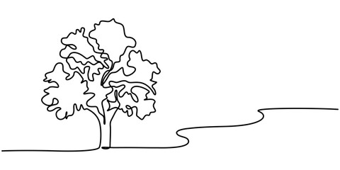 Wall Mural - continuous one line drawing of nature tree vector illustration, continuous single line drawing of broadleaf tree isolated on white, line art vector illustration, Tree in continuous line art drawing