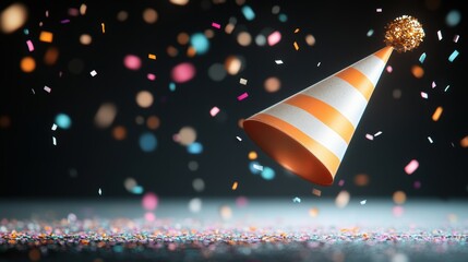 A close-up shot of a party hat with a noise maker, capturing the celebratory spirit of New Year Eve. Happy New Year 2025 text is integrated seamlessly into the design, adding a touch of festive cheer.