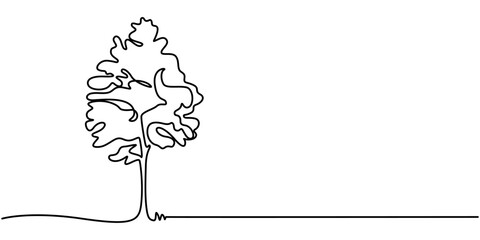 Wall Mural - continuous one line drawing of nature tree vector illustration, continuous single line drawing of broadleaf tree isolated on white, line art vector illustration, Tree in continuous line art drawing