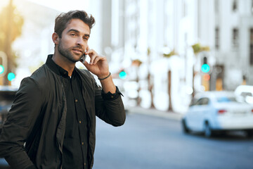 Poster - Thinking, conversation or man in city for phone call for vacation travel, sightseeing and adventure. Mobile, communication or person talking in urban town for walking, fashion style or solo trip