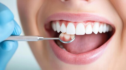 Close-up of a person at a dental check-up, highlighting healthy teeth and dental tools for oral hygiene.