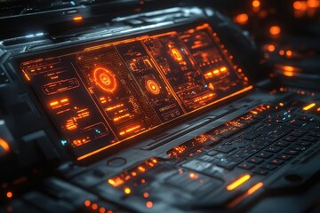 futuristic laptop displaying an intricate digital lock interface holographic security elements float above the keyboard sleek design in a dimly lit hightech environment