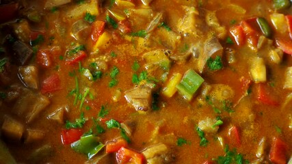 Wall Mural - Cooking eggplant and bell pepper curry, in door  Chiangmai  Thailand.