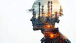 © Michael - Double exposure of an industrial engineer in hard hat with oil refinery silhouette at sunset
