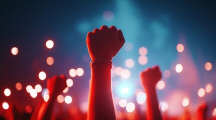 Wall Mural - A close-up shot of a group of people holding hands and singing along to a celebratory song.