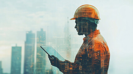 Poster - Construction engineer using a digital tablet to analyze an industrial project, with a city skyline in the background