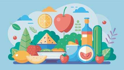 Sticker - Vibrant and healthful food composition on notebook, featuring fruits, veggies, and condiments. Fresh, lush table setting exudes a healthy ambiance with natural design motifs.