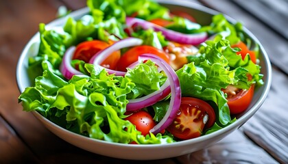 Vibrant bowl of fresh salad featuring crisp lettuce, juicy tomatoes, and zesty red onion for a healthy and delicious meal