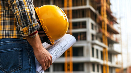 Poster - Construction worker with blueprints and hardhat against backdrop of building under construction