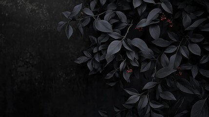 A dark background showcases a tree with striking black leaves and red berries