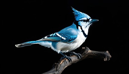 Wall Mural - Vibrant blue jay showcasing striking blue crest and wings, gracefully perched on branch against a dramatic black backdrop