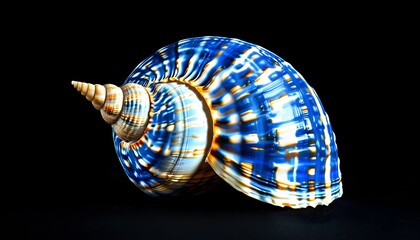 Intricate Blue and White Seashell on Black Background