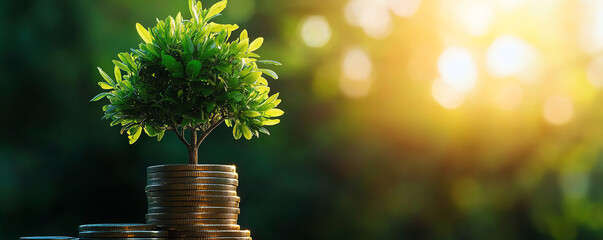 A small tree growing atop stacks of coins, symbolizing investment, growth, and a sustainable future in finance.