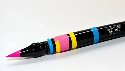 Vibrant art creation featuring a black marker with pink tip resting on bright streaks of pink, yellow, and blue